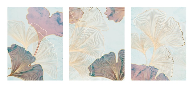 Luxury background with ginkgo leaves in pastel and gold colors. Art poster for print, home decoration, print on textiles