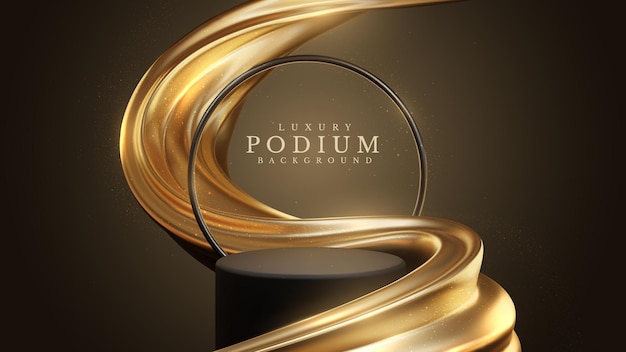 Vector luxury background with product display podium with black rings frame and gold liquid elements