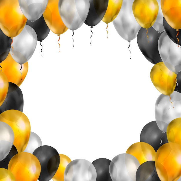 Luxury balloons in gold, silver and black colours in round frame shape on white