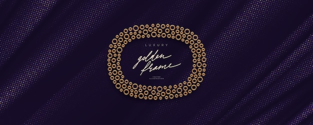 Luxury banner with realistic gold metal frame on textil background with halftone