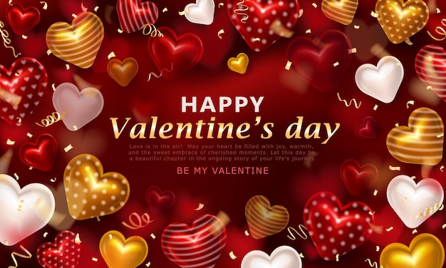 Luxury banner with various 3d glossy hearts realistic confetti streamers for Happy Valentines Day