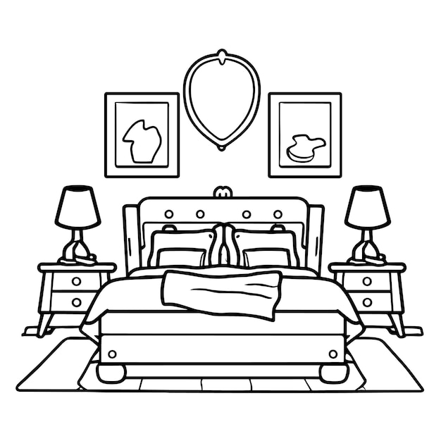 Luxury Bed Room Coloring Page Outline Vector