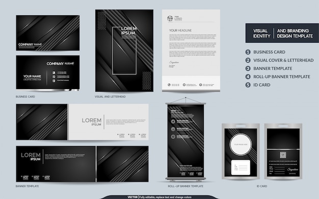 Luxury black carbon stationery set and visual brand identity with abstract overlap layers background.