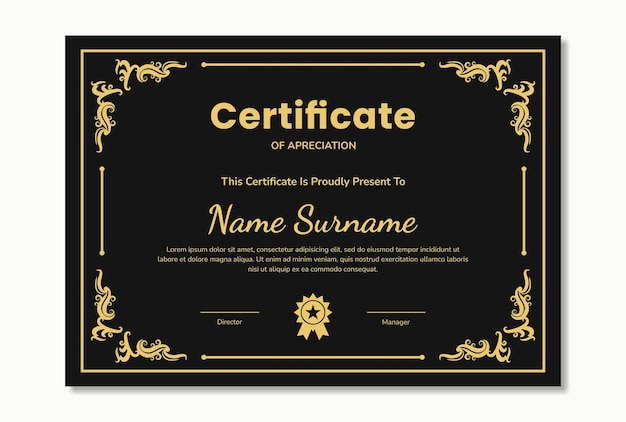 Роскошный дизайн шаблона сертификата из черного золота