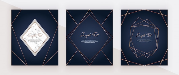 Luxury blue design cards with golden polygonal lines frames.