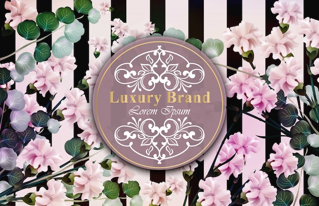 Luxury Brand card with realistic flowers. Striped designs backgrounds