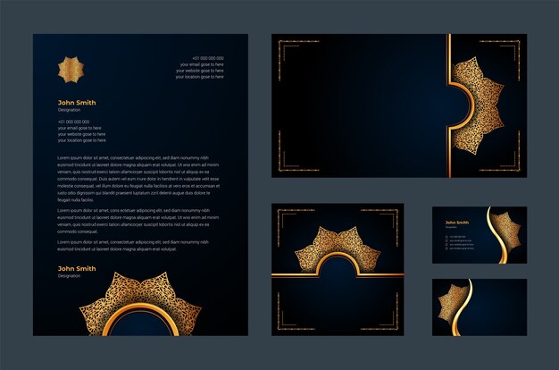 Identità del marchio di lusso o modello di disegno stazionario con arabeschi di mandala ornamentali di lusso, biglietti da visita, carta intestata