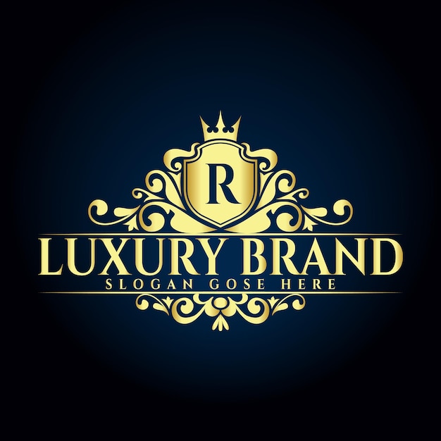 Marchio di lusso r logo design, lettera r logo ornamentale concetto con corona d'oro