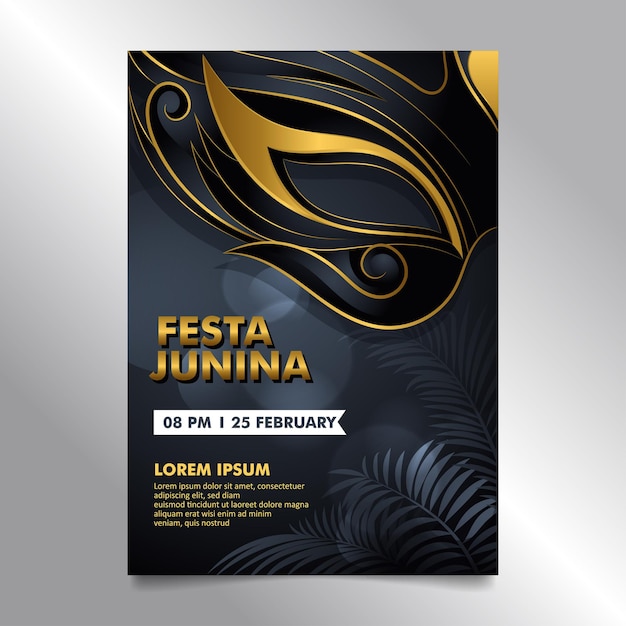 Vector luxury brazilian festival festa junina flyer design with dark golden carnival mask