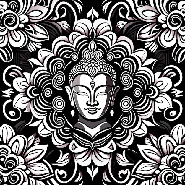 luxury buddha pattern seamless design black and white outline background vector illustration