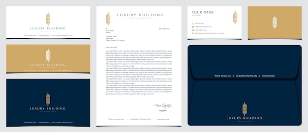 Luxury building logo with initial mr with stationery business card and social media banner designs