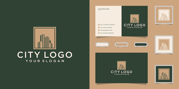 Luxury building logo with square and gold color design template and business card