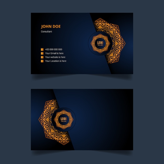Роскошный дизайн шаблона визитной карточки с золотой арабеской фоне мандалы