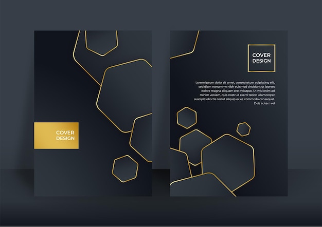 Vettore sfondo di copertina di affari di lusso, decorazione astratta, motivo dorato, sfumature di mezzitoni, illustrazione vettoriale 3d. modello di copertina in oro nero, forme geometriche, banner minimal moderno