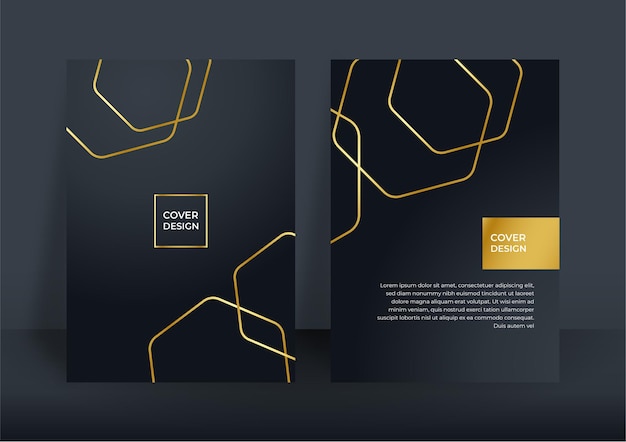 Sfondo di copertina di affari di lusso, decorazione astratta, motivo dorato, sfumature di mezzitoni, illustrazione vettoriale 3d. modello di copertina in oro nero, forme geometriche, banner minimal moderno