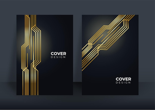 Sfondo di copertina di affari di lusso, decorazione astratta, motivo dorato, sfumature di mezzitoni, illustrazione vettoriale 3d. modello di copertina in oro nero, forme geometriche, banner minimal moderno