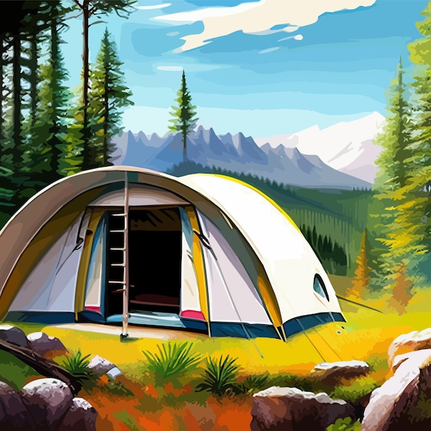 Vector a luxury camping tent on a meadow for outdoor holidays against mountains and sky outdoor recreation