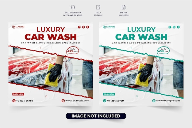 Luxury car wash business template design with red and aqua colors Vehicle cleaning service social media post vector with abstract brush effect Automobile cleaning and repair service promotion