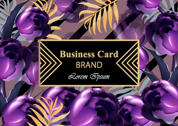 Luxury card with purple tulip flowers Vector. Beautiful illustration for brand book, business card or poster. Pink background. Place for texts