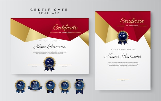 Modello di certificato di apprezzamento di lusso con bordo del certificato multiuso di colore rosso e oro con design distintivo elegante modello di certificato di diploma rosso e oro