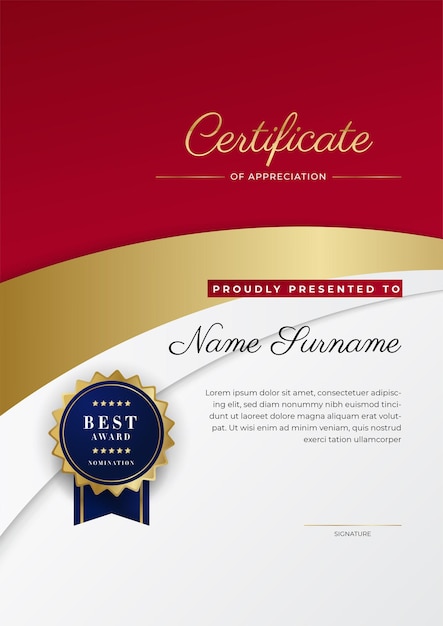 Luxury certificate of appreciation template with red and gold color multipurpose certificate border with badge design Elegant red and gold diploma certificate template