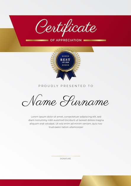Роскошный шаблон сертификата благодарности с многоцелевой границей сертификата красного и золотого цвета с дизайном значка элегантный шаблон сертификата красного и золотого диплома