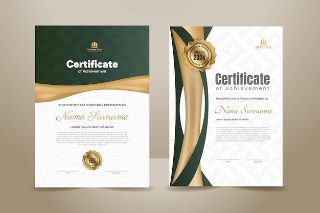 Vettore design del modello di certificato di lusso con illustrazione vettoriale ornamento verde e dorato