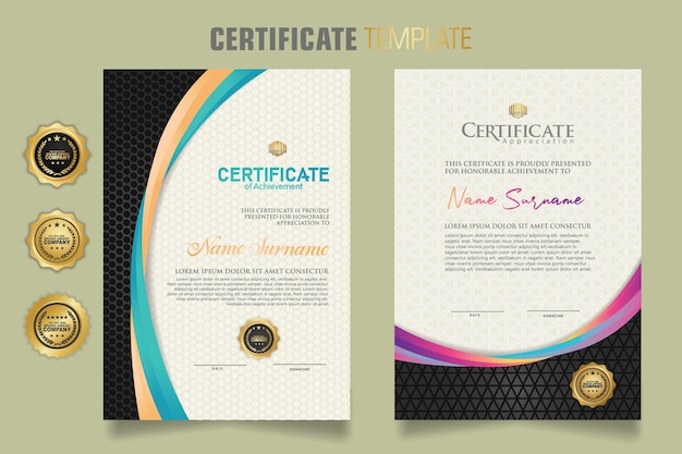 Luxury certificate template with dynamic and attractive colors on curved line shape ornament