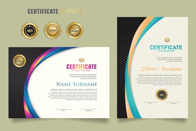 Luxury certificate template with dynamic and attractive colors on curved line shape ornament