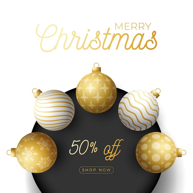 Luxury christmas sale square banner. realistic baubles.