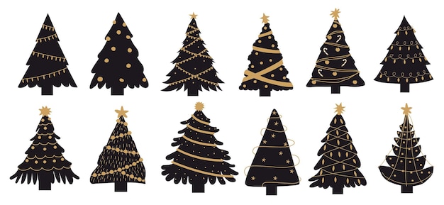 Luxury christmas tree doodle new year black spruces xmas decoration sketch for greeting postcards and festive party invitation vector isolated winter holiday firs set with golden garlands and balls