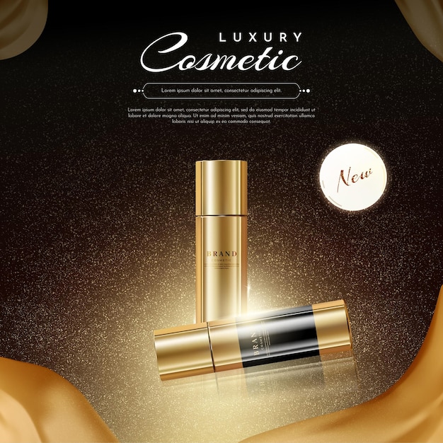 Luxury cosmetic products on glitter background banner template