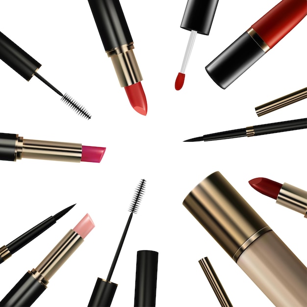 a luxury cosmetics banner featuring realistic lipstick mascara eyeliner foundation cream bottle