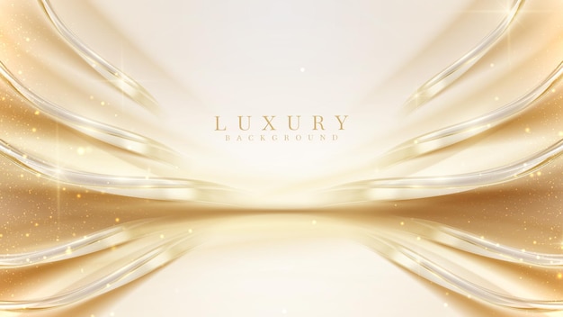 luxury cream color background with golden line elements and curve light effect decoration and bokeh