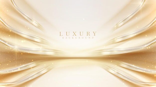 Luxury cream color background with golden line elements and curve light effect decoration and bokeh