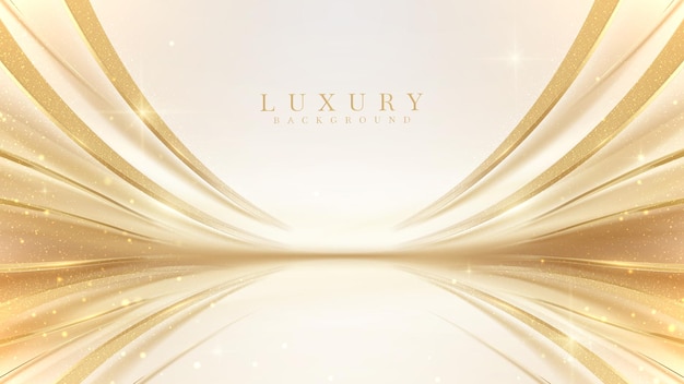 Luxury cream color background with golden line elements and curve light effect decoration and bokeh