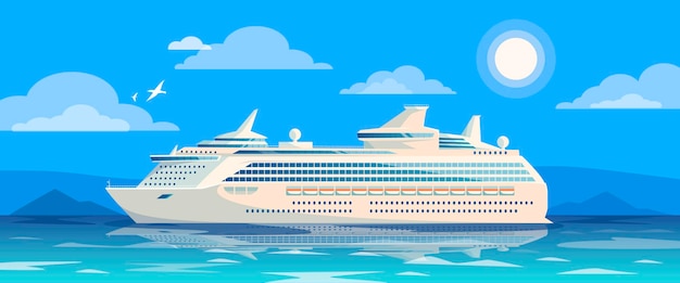 青い空のベクトルイラストの下で静かな海で航海する豪華なクルーズ船