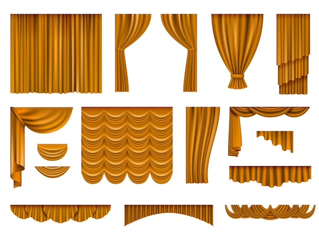 Tende di lusso realistiche. insieme dorato di vettore degli elementi di nozze delle tende ondulate della decorazione d'interni. interni realistici di illustrazione, arredamento teatrale di lusso