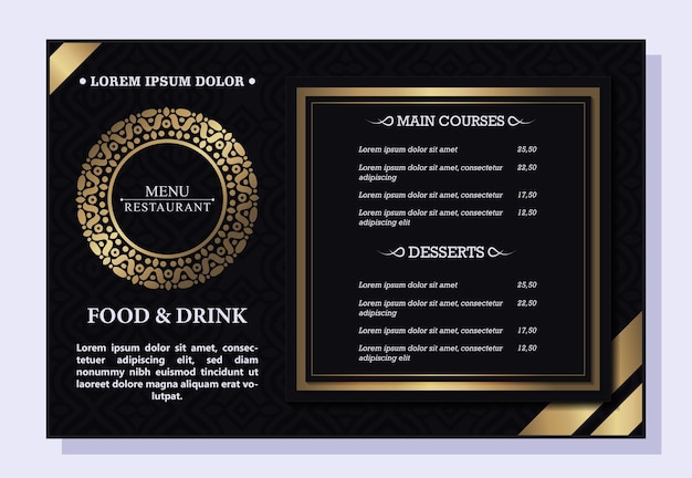 Vector luxury dark and gold restaurant menu flyer