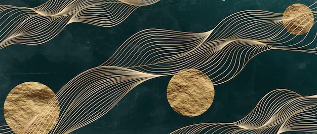 Вектор Роскошный темно-зеленый и золотой художественный фон с линиями лунных или солнечных волн. абстрактный фон для украшения домашнего декора, печати, ткани