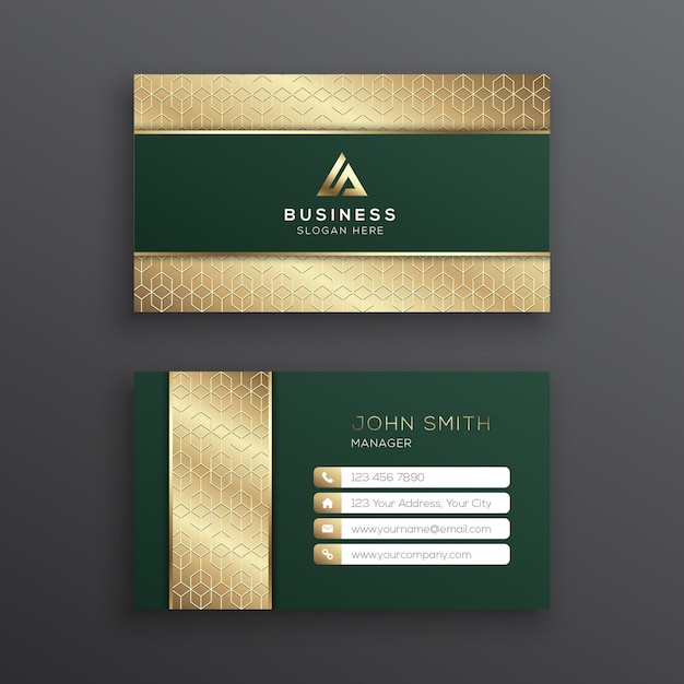 Vector luxury dark green and gold business card template with geometric pattern
