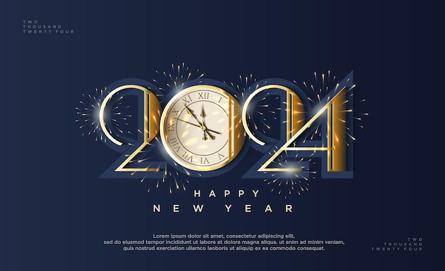 Vector luxury design happy new year 2024 with golden number on blue background