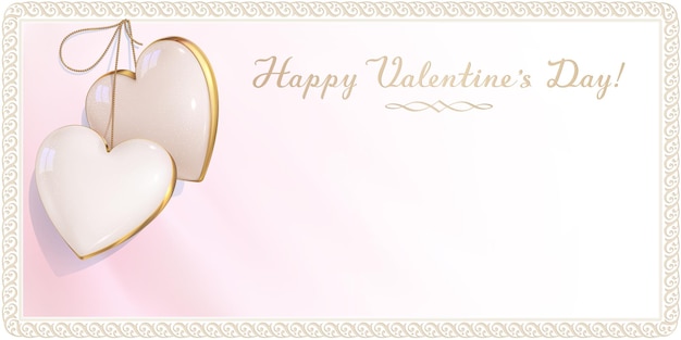 Роскошный дизайн пригласительного билета на день святого валентина, помолвку и свадьбу. розово-белый пустой конверт украшен двумя сердечками цвета слоновой кости и ретро-каймой. 3d реалистичный кулон с драгоценным камнем.