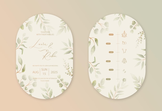 Luxury double arch wedding invitation card background with green watercolor botanical leaves