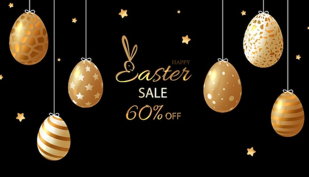 Luxury easter egg sale horizontal banner easter card with gold and white realistic eggs