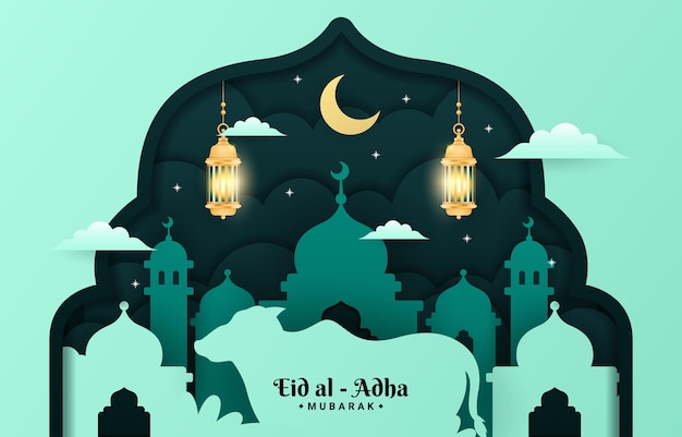 Luxury Eid Al Adha Islamic Background with Mosque and Lantern