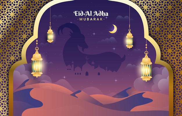 Luxury Eid Al Adha Islamic Background with Mosque and Lantern