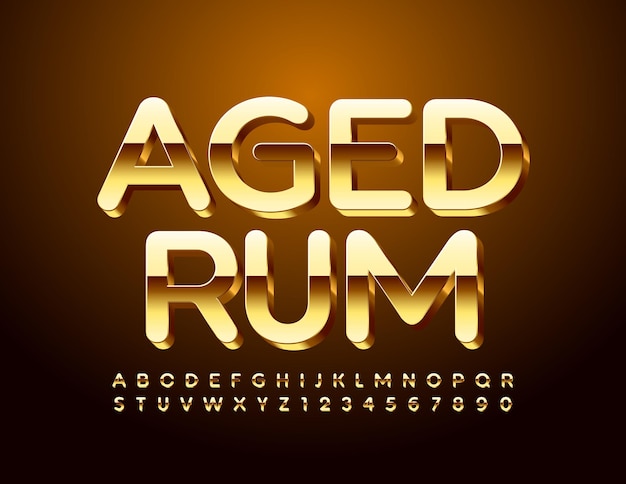 럭셔리 엠블럼 Aged Rum. 글로시 골드 글꼴. 3d 프리미엄 알파벳 문자 및 숫자 세트