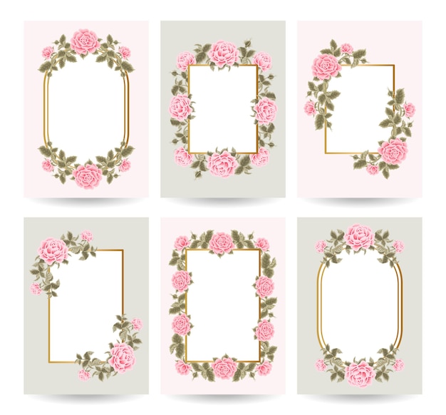 Luxury floral background template set with golden frame elegant pink rose flowers and leaf elements