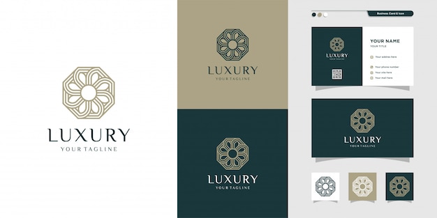 Luxury floral logo and business card wit line art design. elegant, beauty, fashion, company, business premium